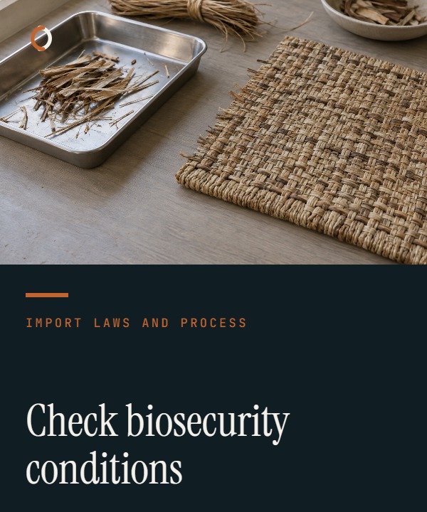 Illustrative BICON research cover showing product, material, origin, permit, treatment and packaging checkpoints before an Australian shipment.
