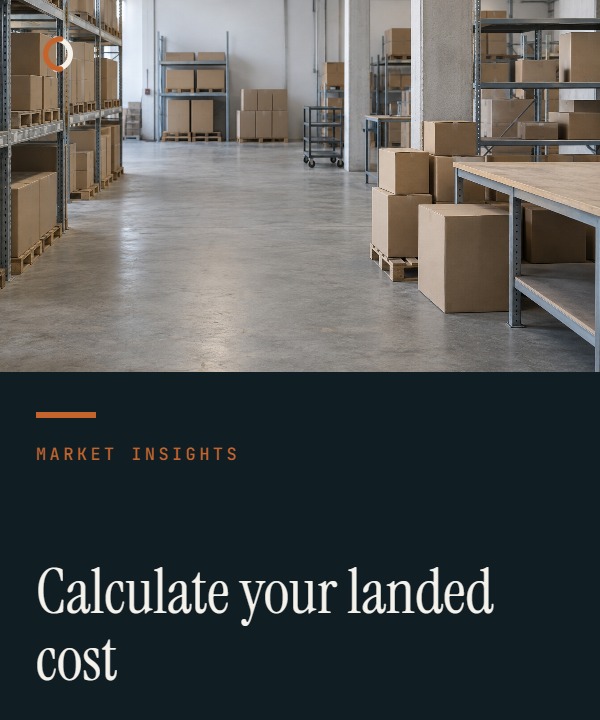 Ocean Port Link cover showing a shipping carton, cargo vessel, customs papers and calculator for calculating landed cost from China to Australia.