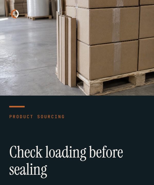 Illustrative container loading check cover showing staged cartons, a reconciled load, container condition evidence and a recorded seal.