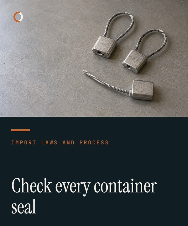 Illustration of container doors, a numbered seal and a discrepancy-check record.