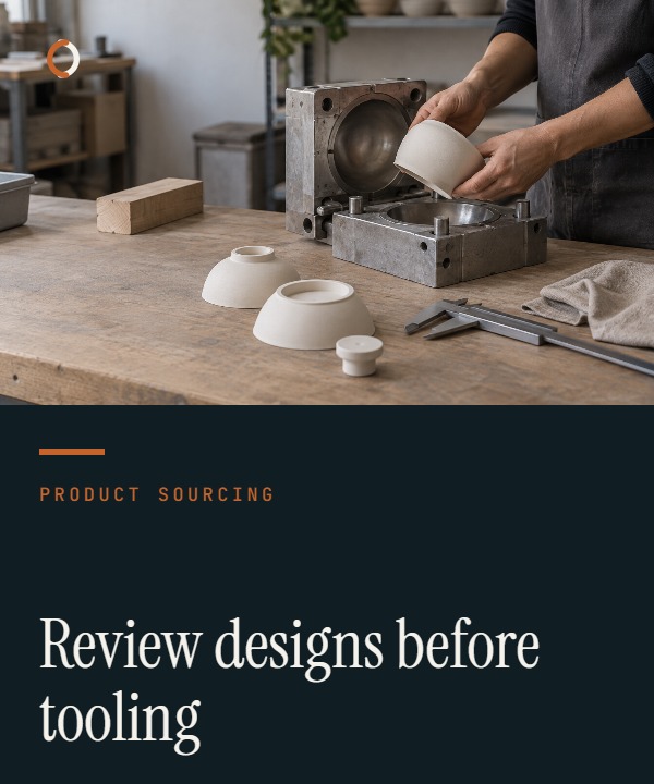 Illustrative DFM review showing a product design, prototype and tooling concerns being resolved before mould approval.
