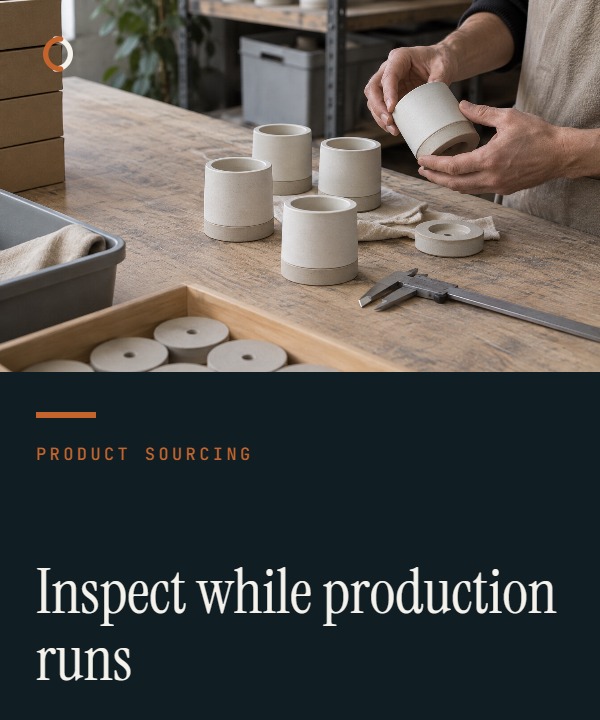 Illustrative during-production inspection cover showing an inspector measuring an in-process unit while production checkpoints remain open for correction.