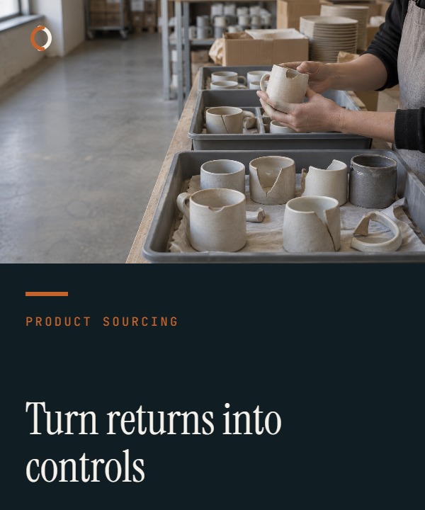 Illustrative ecommerce returns analysis showing returned parcels routed through product, listing, packaging and fulfilment evidence paths.