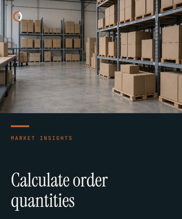 Importer comparing economic order quantity inputs beside stacked inventory cartons.
