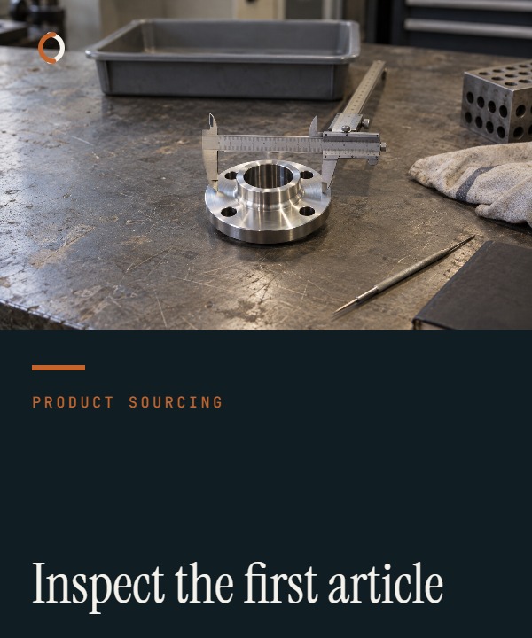 Illustrative first article inspection showing factory staff measuring an intended-production unit against controlled drawings before release.
