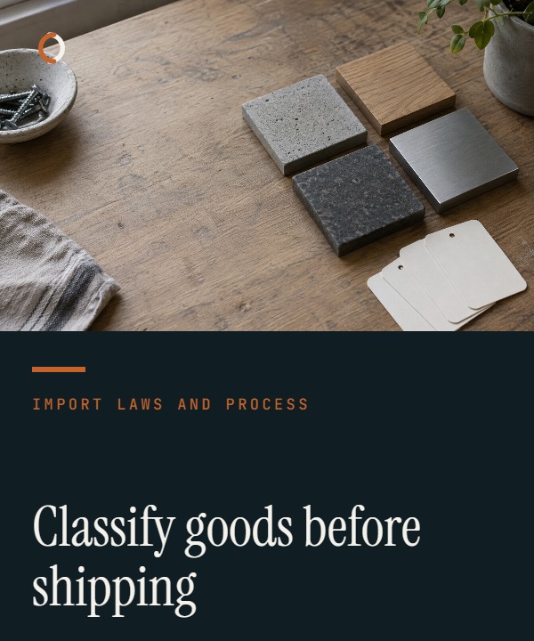Illustrative tariff-classification cover showing product materials, function, dimensions and components converging on an evidence record.