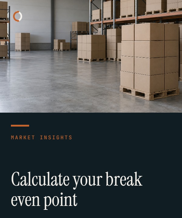 Ocean Port Link cover showing grouped cartons, a calculator and a break-even chart for testing an import order quantity.