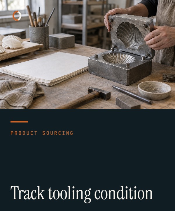 Importer reviewing a mould condition log with tool identity, inspection photos, maintenance and release status.
