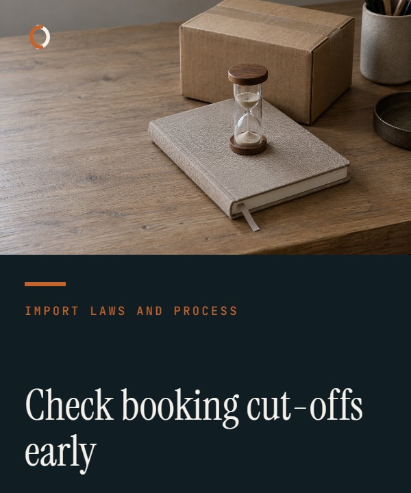 Illustrative ocean-booking cut-off cover showing cargo, shipping-instruction, VGM and document deadlines before vessel departure.