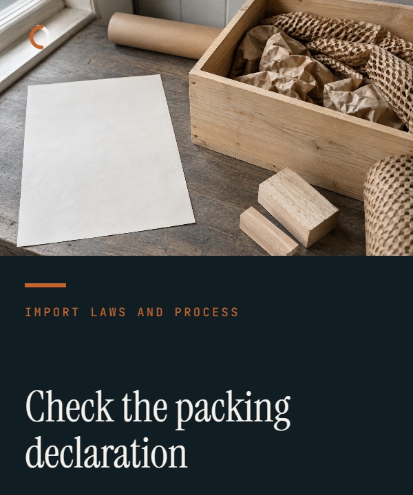 Illustrative Australian packing declaration checklist linked to a packed shipping crate.