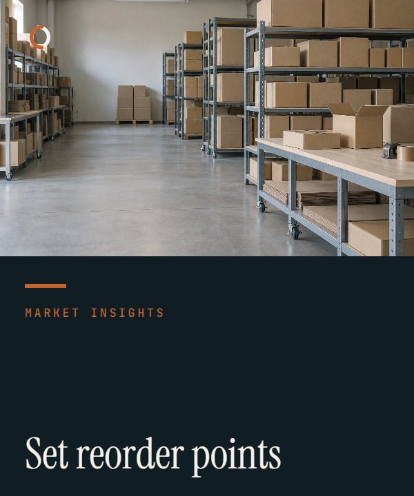 Illustrative imported-inventory planning cover showing demand, a reorder trigger, safety stock and the end-to-end replenishment route.