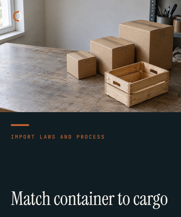 Illustrative container selection cover comparing two dry-container sizes against height, length and crate-fit constraints.