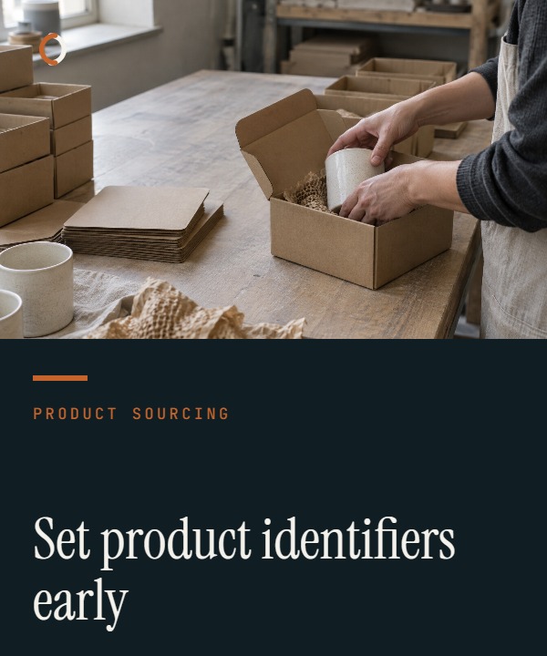Illustrative product-identifier control showing sellable variants, barcode labels and a final printed-pack scan check.