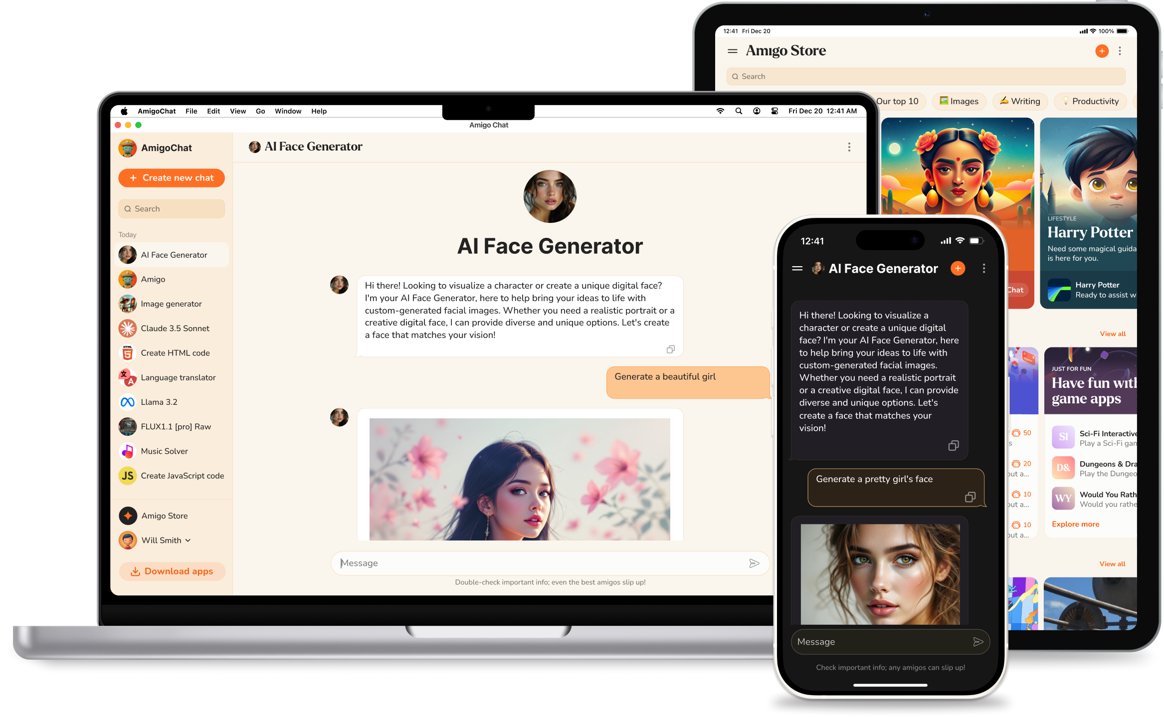 AI Face Generator in the amigo chat interface on different devices