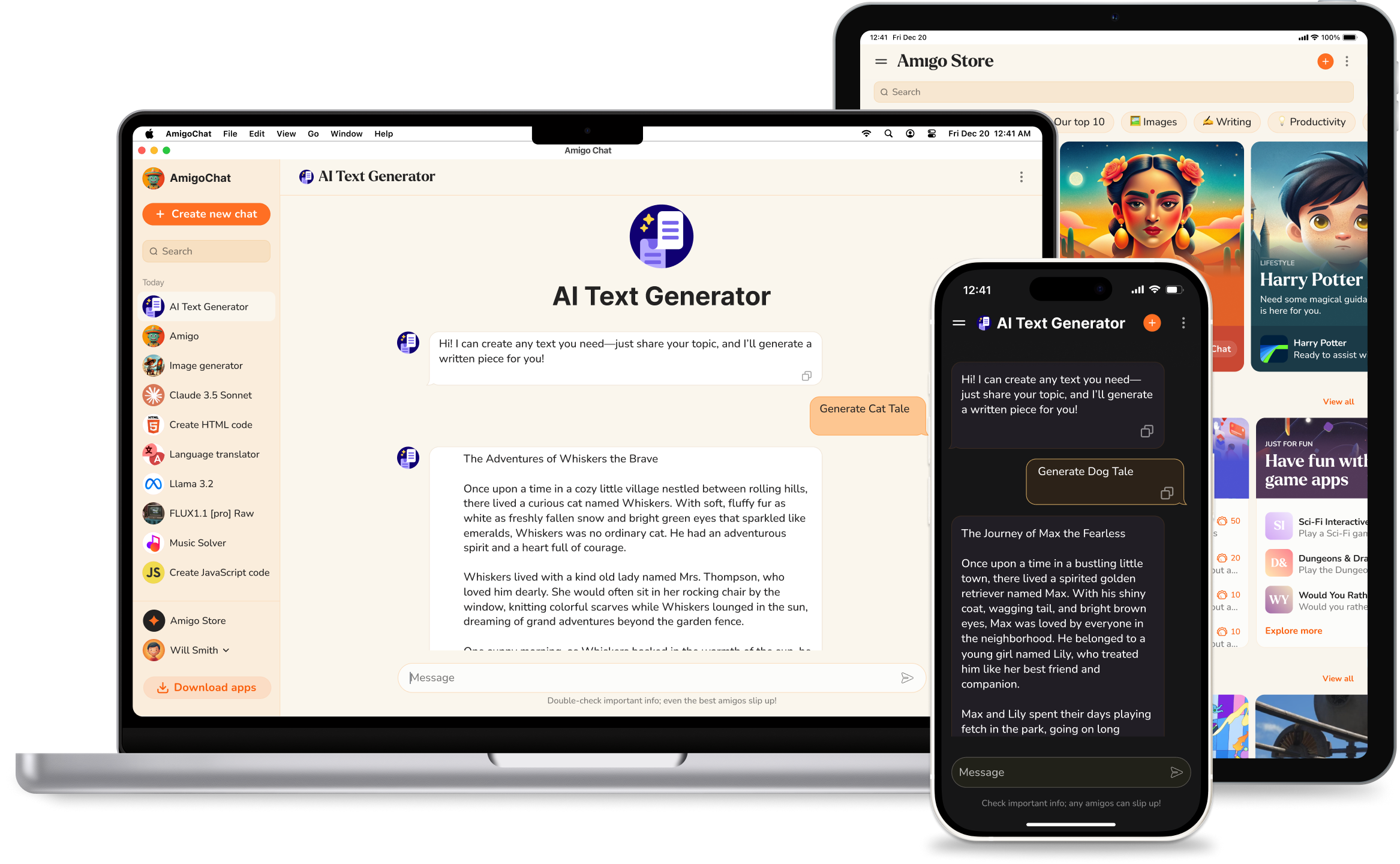AI Text Generator in the amigo chat interface on various devices