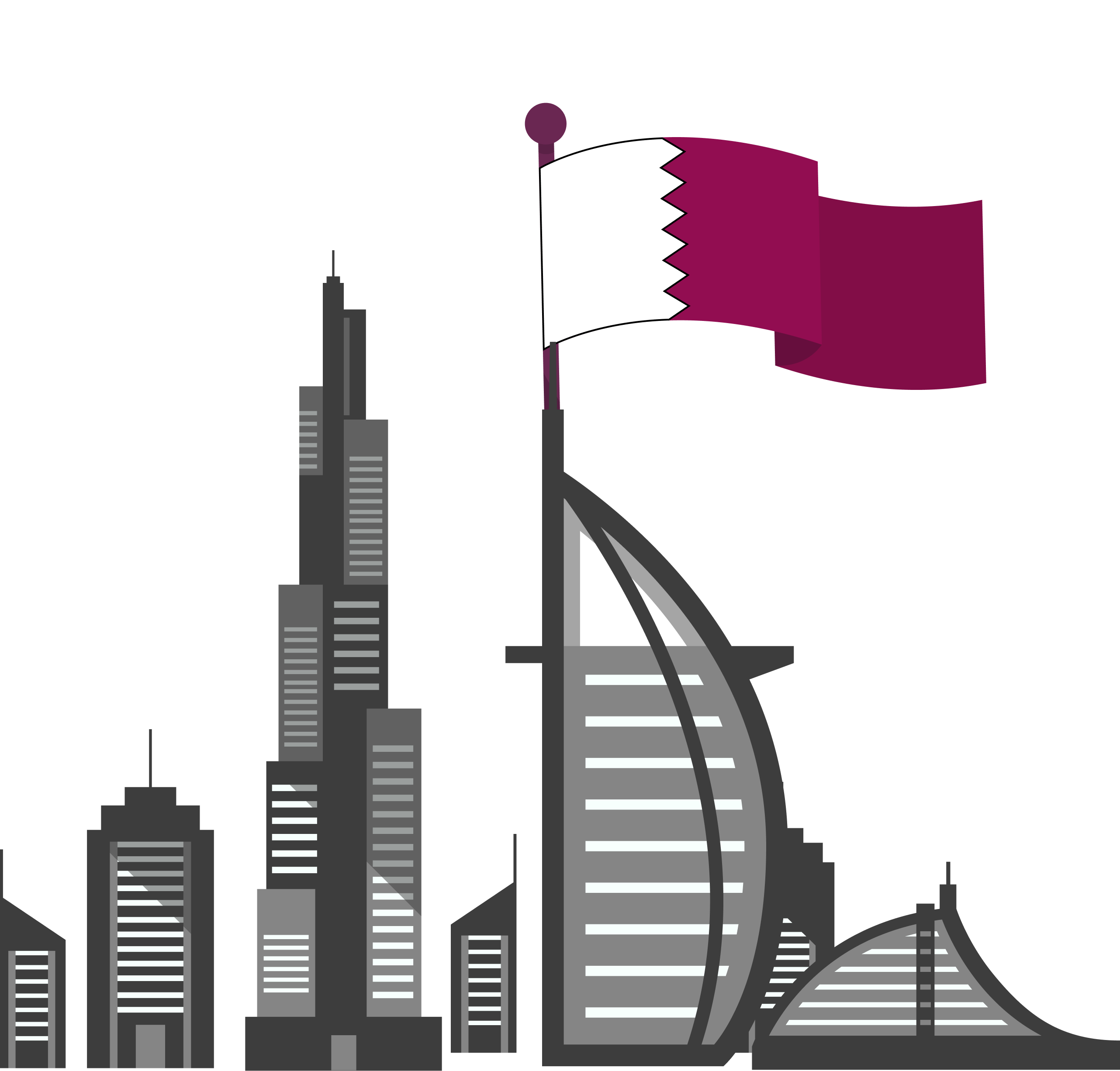 Stylized city skyline with skyscrapers and a Qatar flag on a flagpole.
