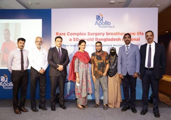 Group photo at Apollo Hospitals after a successful complex surgery for a 50-year-old patient from Bangladesh.