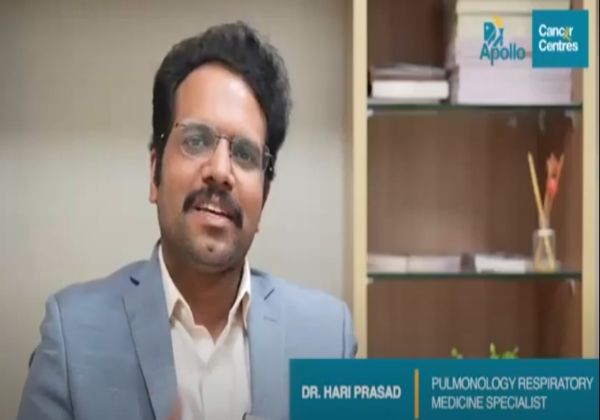 Dr. Hari Prasad, lung specialist at Apollo Cancer Centres, answers patient questions in a clinical interview.
