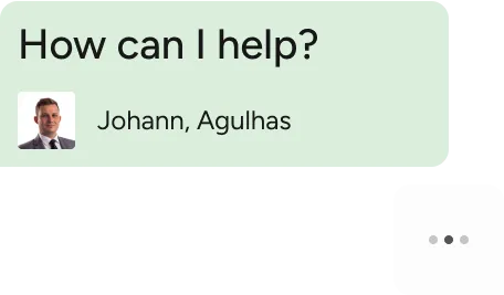 Customer support section with the text 'How can I help?' and a profile photo of a man labeled Johann, Agulhas.