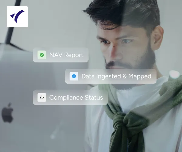 Focused professional working on a laptop with NAV Report, Data Ingested & Mapped, and Compliance Status overlays, aligned with Agulhas FS’s fund administration expertise.