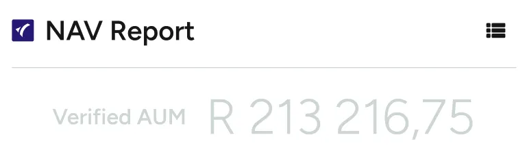 NAV Report header with text 'Verified AUM R 213 216,75' and a small logo on the top left.