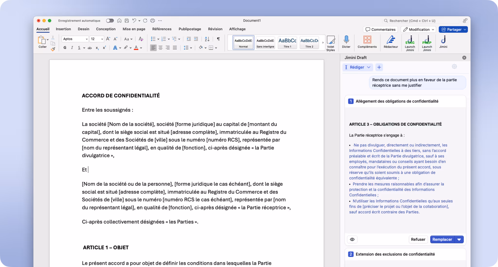 Capture d'écran d'un document Word en français affichant un accord de confidentialité en cours de rédaction avec une interface d'édition Jimini Draft visible sur la droite.
