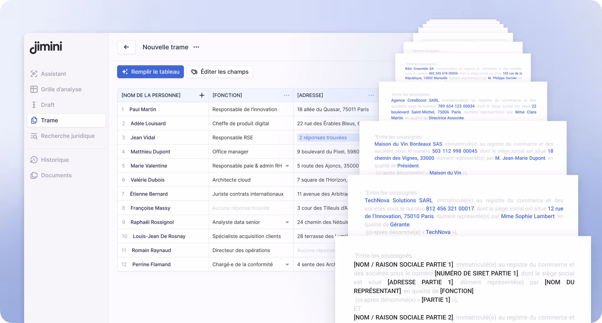 Interface de Jimini affichant une nouvelle trame avec un tableau listant des noms, fonctions et adresses, et un aperçu de documents juridiques empilés à droite.