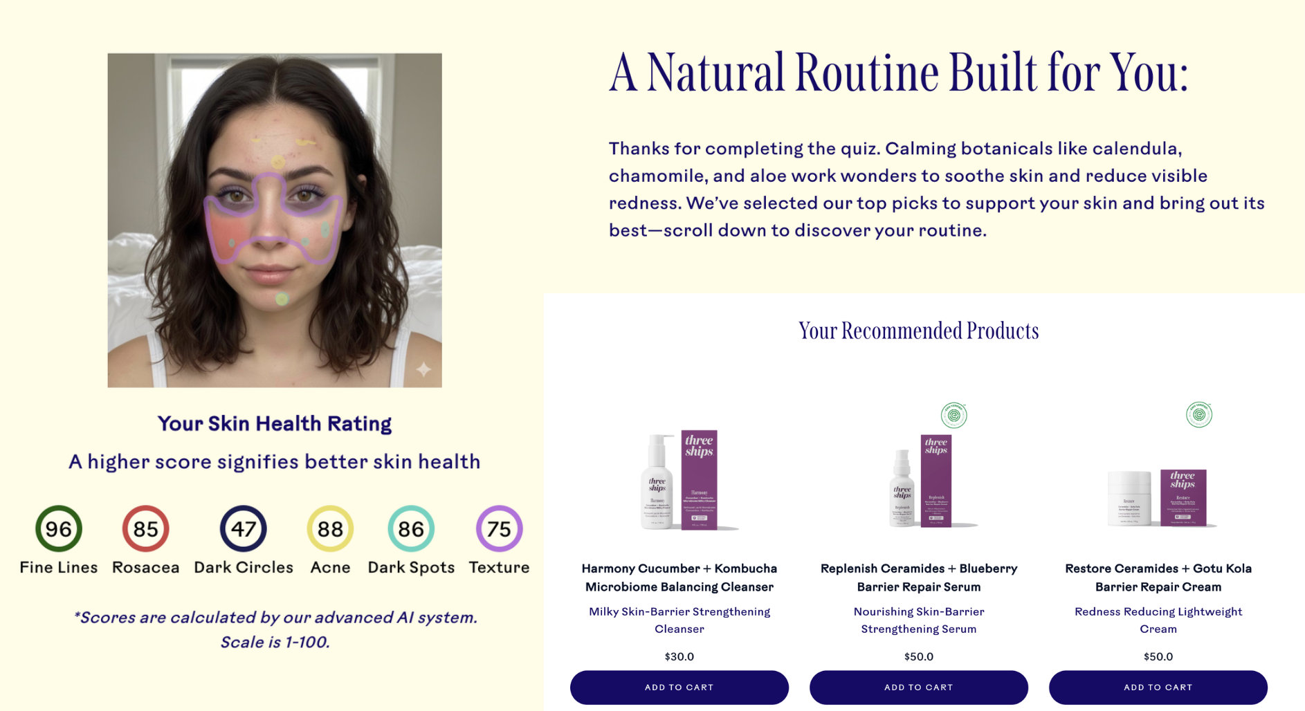 Three Ships personalized skin analysis results page showing skin health scores and recommended products
