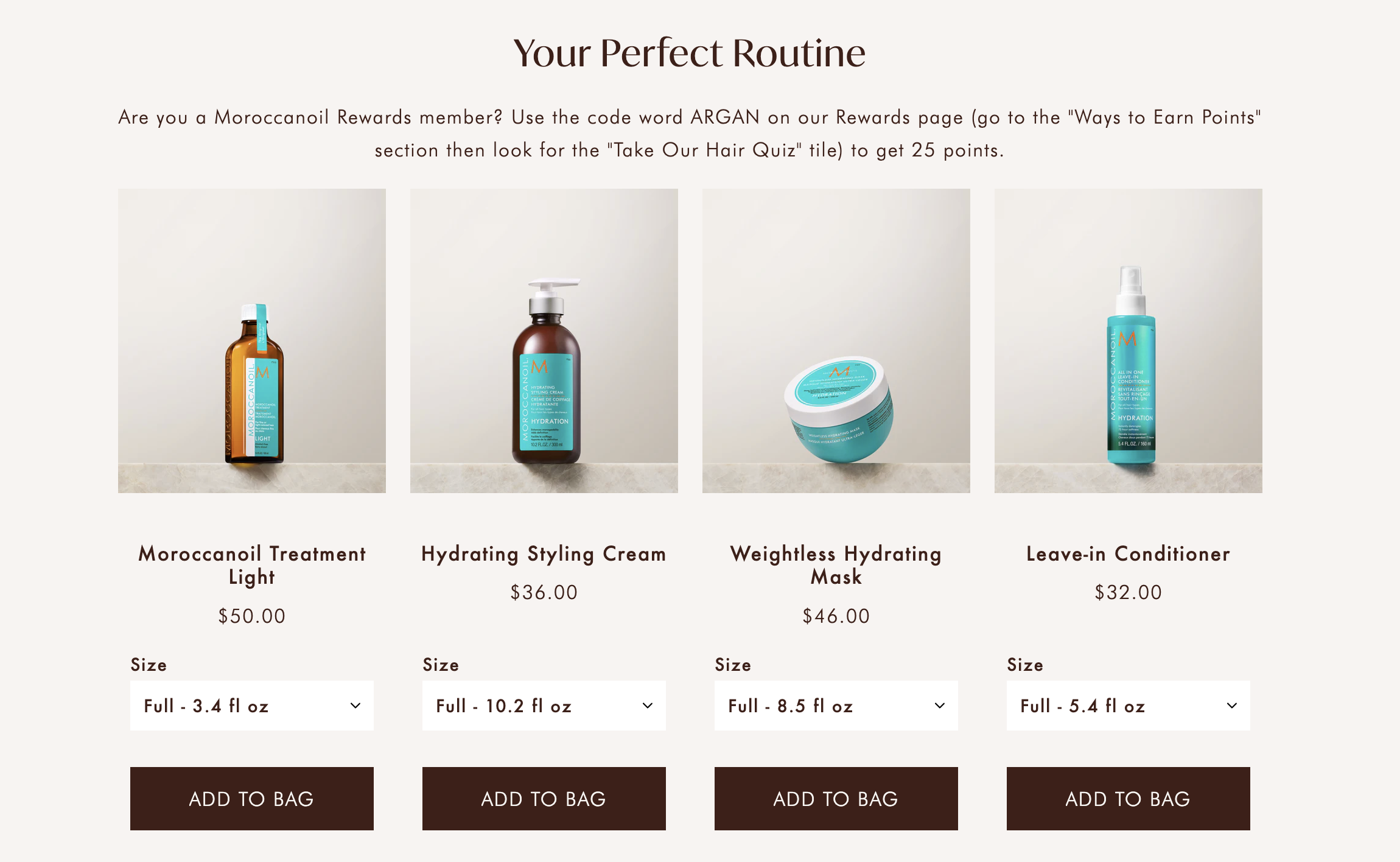 Moroccanoil AI powered personalized routine recommendations showing curated product selections for each customer