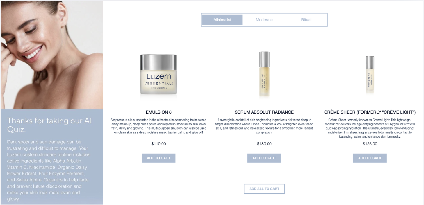 Luzern Labs AI skin quiz results page showing personalized routine recommendations