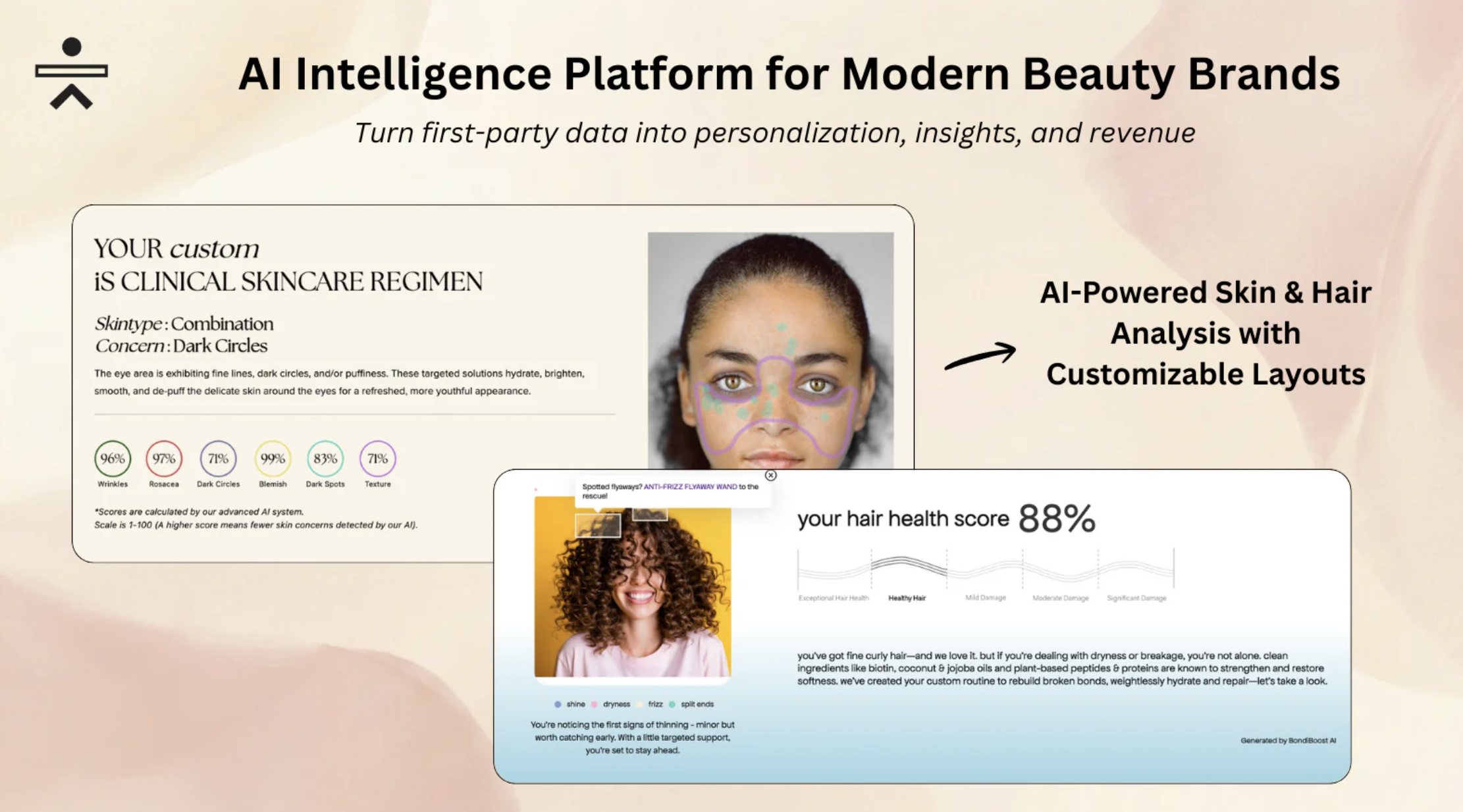 Tangent AI skin and hair analysis app for Shopify showing AI-powered skin analysis scores and hair health results on a beauty brand storefront