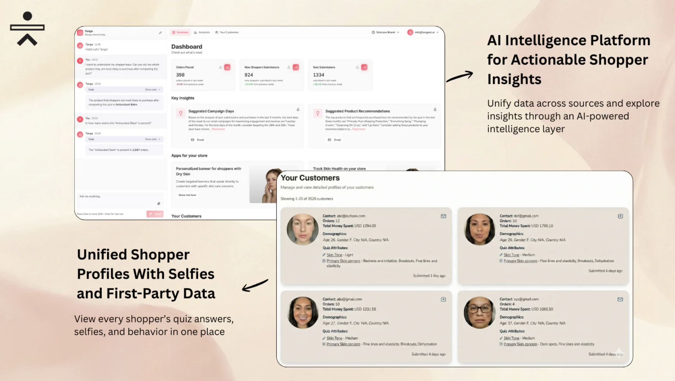 Tangent AI Beauty Intelligence platform showing quiz analytics dashboard, AI chat assistant, and unified shopper profiles with skin concern data for Shopify beauty brands