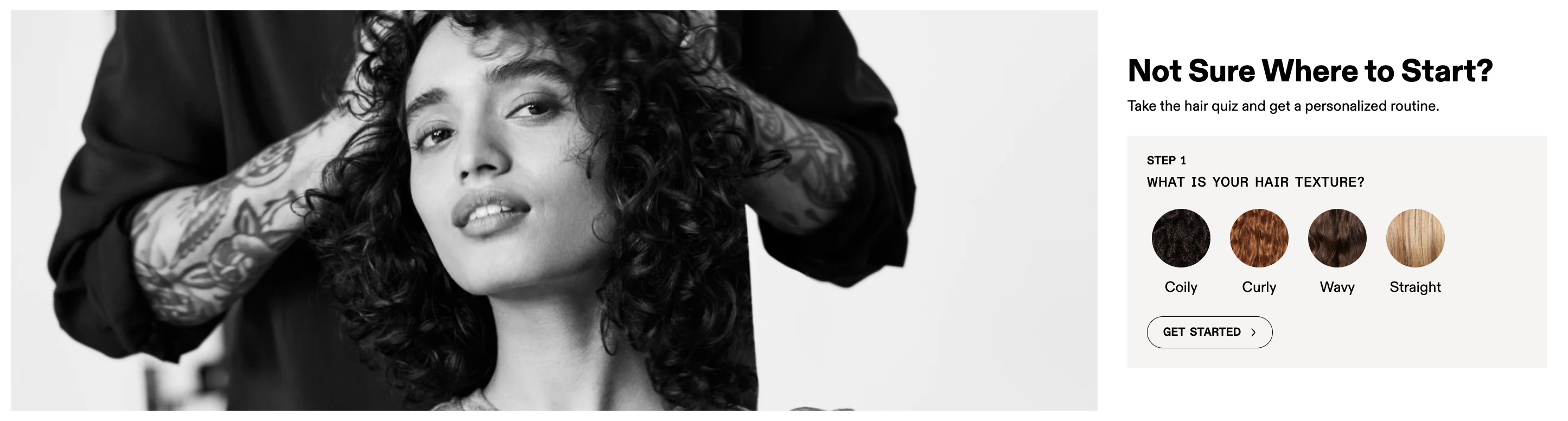 Olaplex guided hair quiz entry point showing hair texture selection powered by Tangent AI