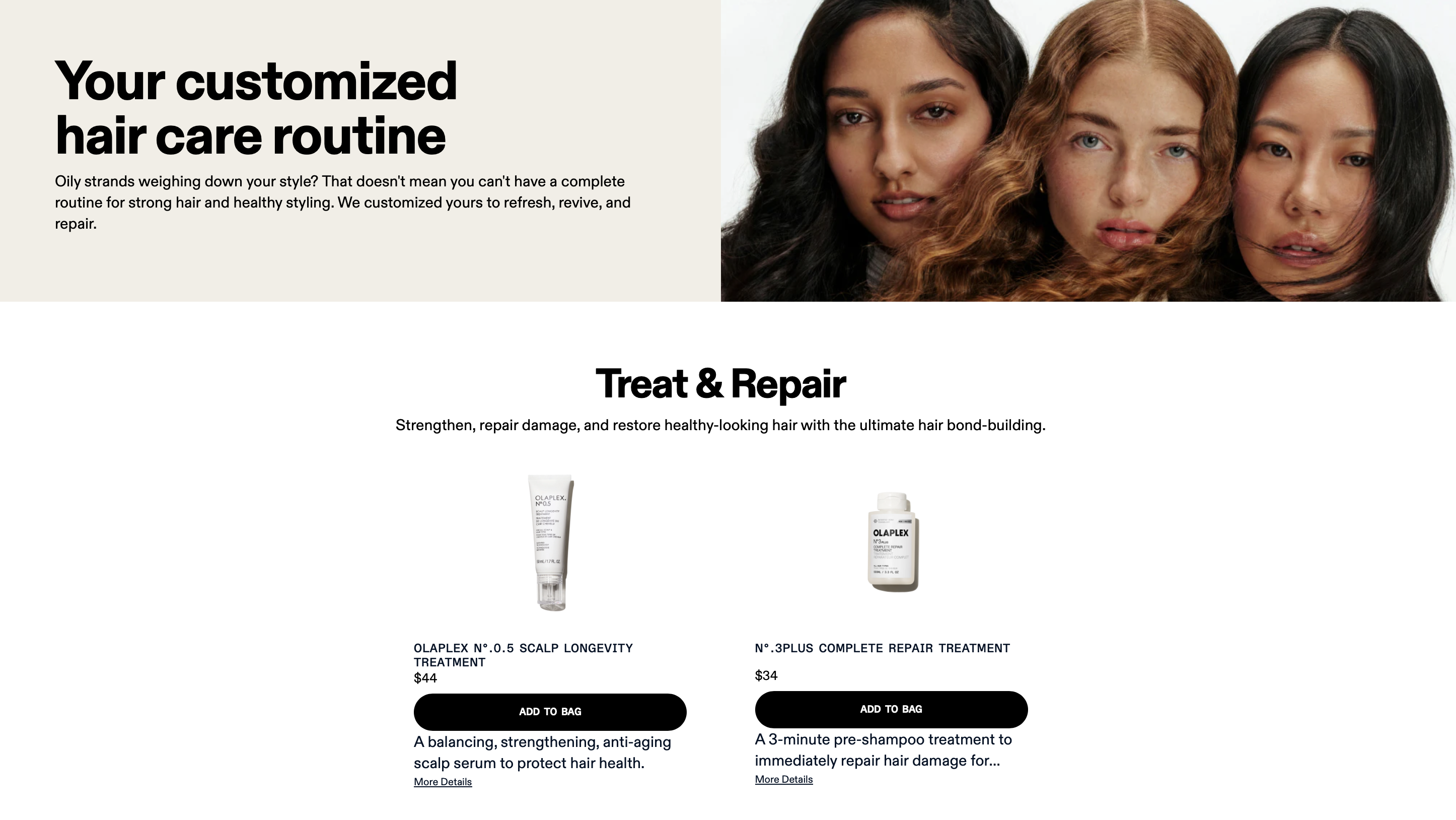 Olaplex guided hair quiz entry point showing hair texture selection powered by Tangent AI