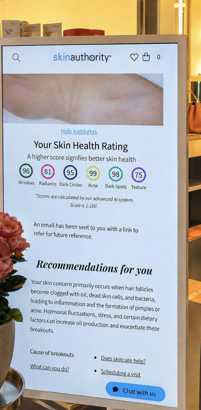 Skin Authority skin health rating and personalized recommendations on a live Tangent in-store display