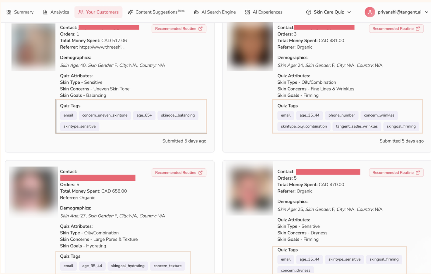Tangent Your Customers dashboard showing customer profiles with beauty attributes, quiz tags, recommendations, orders and spend