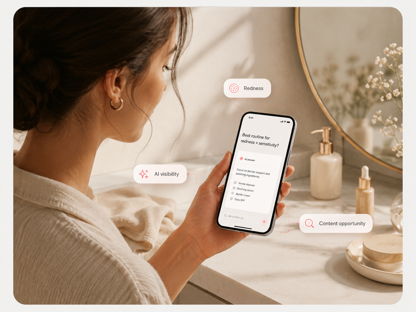Beauty shopper asking an AI skincare question at a vanity