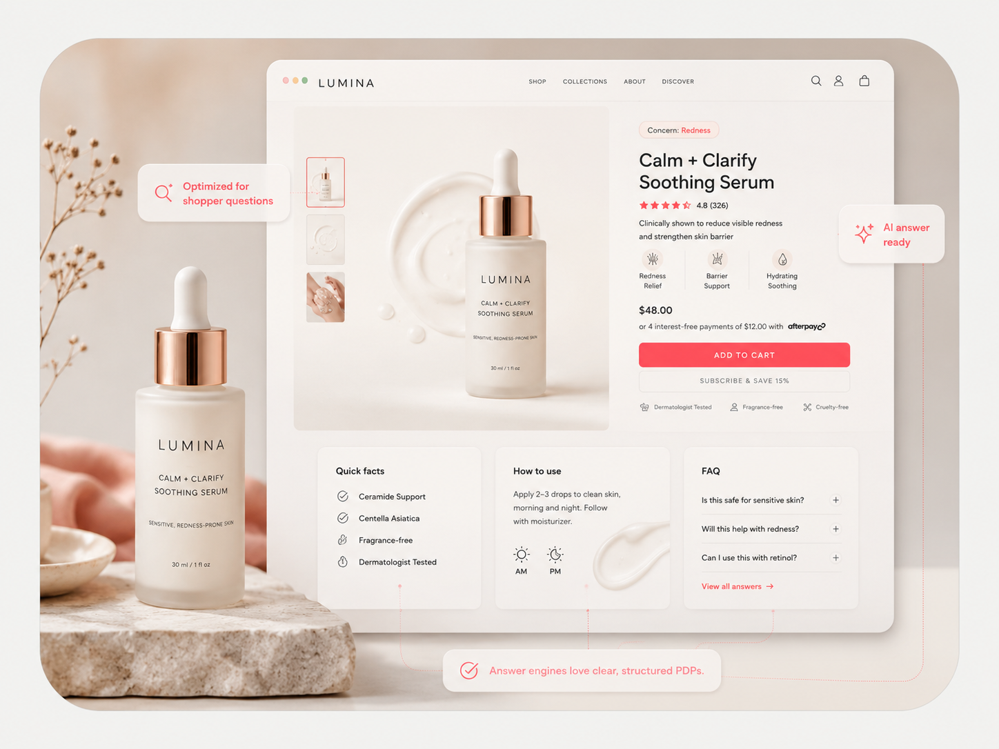 Beauty product page optimized around shopper concern and answer readiness
