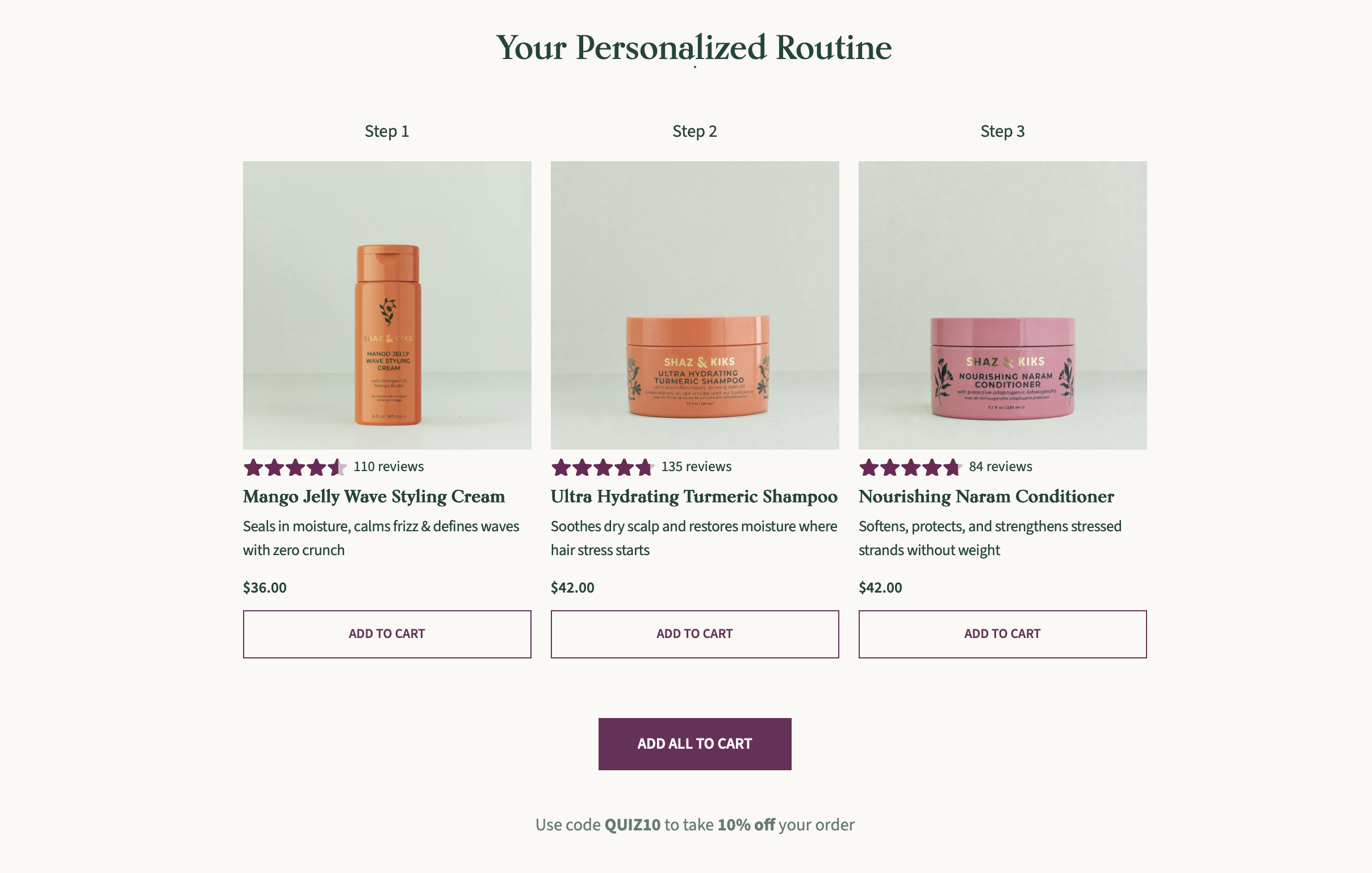 SHAZ & KIKS personalized three-step hair routine with styling cream, shampoo and conditioner and an add all to cart option