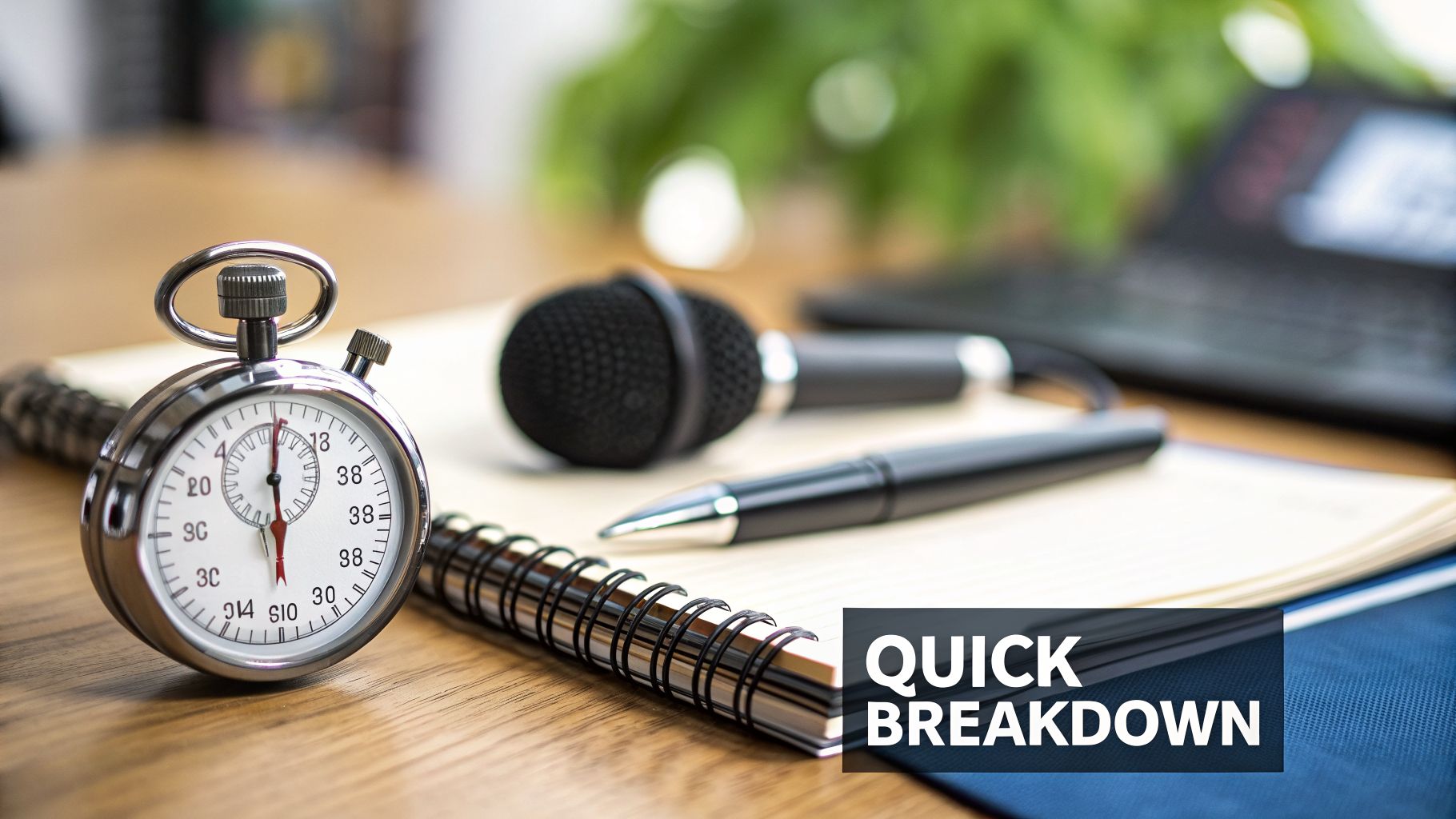 A stopwatch, microphone, pen, and notebook on a wooden desk, with text 'QUICK BREAKDOWN'.