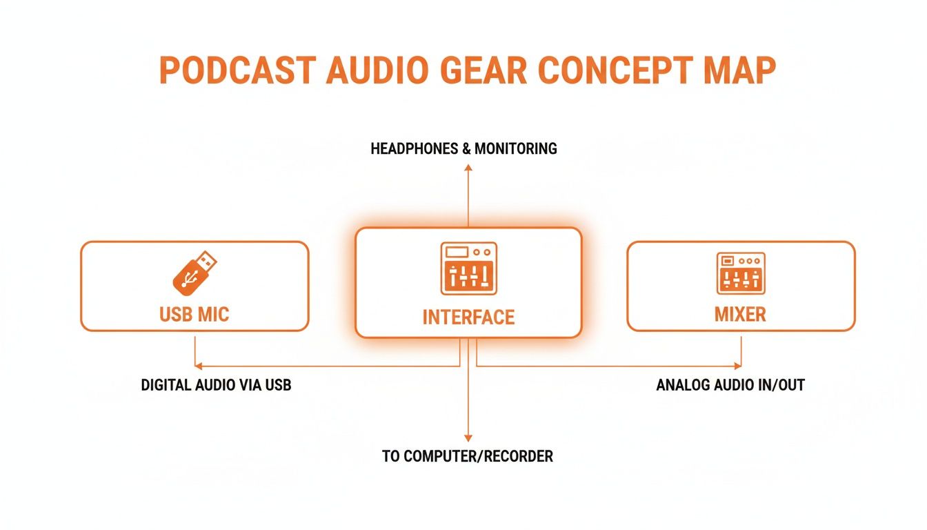 A concept map illustrating podcast audio gear connections: USB mic, interface, mixer, headphones, and recorder.