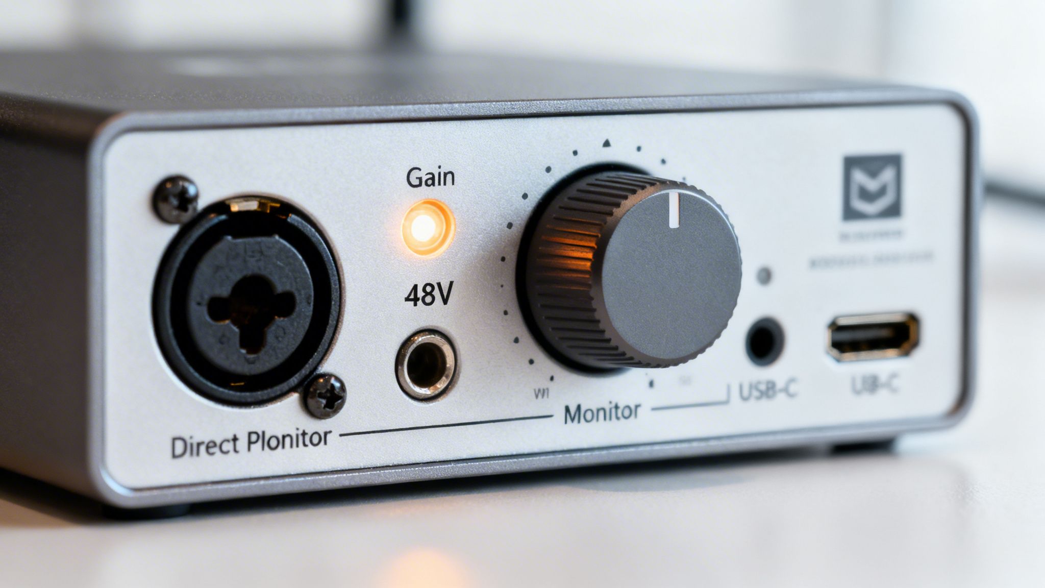 Close-up of a silver audio interface showing a glowing orange gain light, XLR input, and monitor knob.