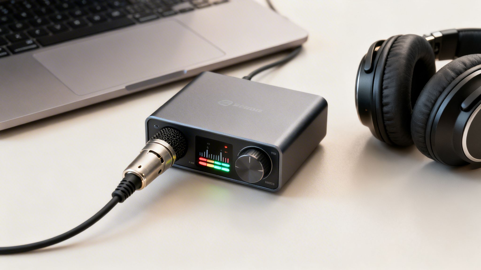 A gray audio interface connected to a microphone and laptop, with headphones on a desk.