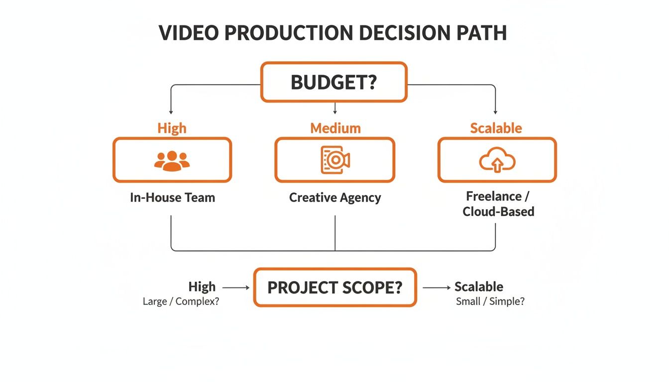 A decision tree diagram illustrating the video production process from budget to distribution.