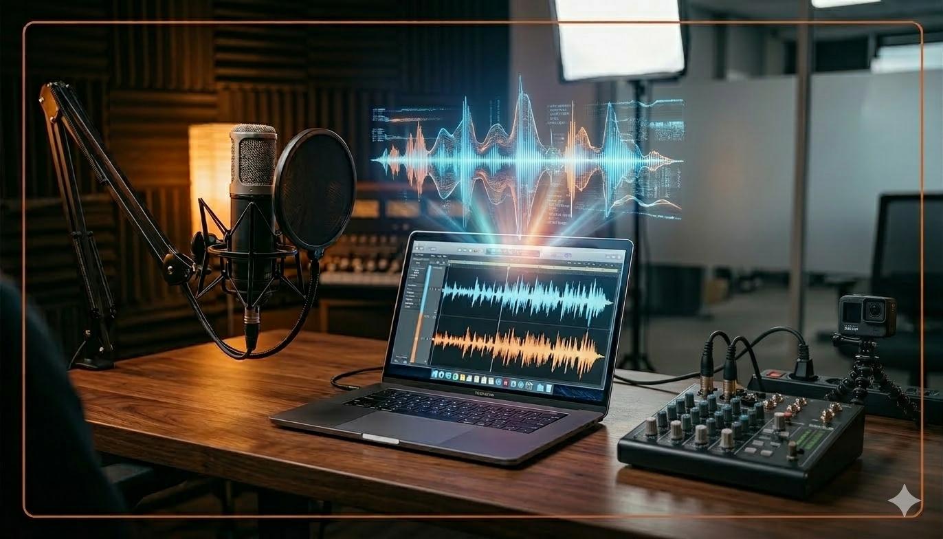 Podcast and video recording setup with a microphone, laptop showing waveform, action camera and audio mixer on a wooden desk.