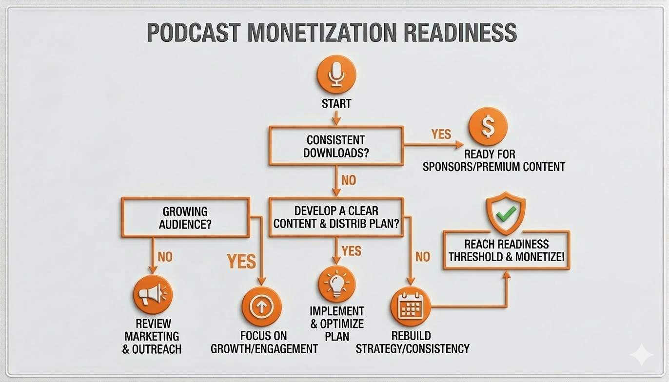 A flowchart titled 'Podcast Monetization Readiness' showing steps to monetize a podcast.