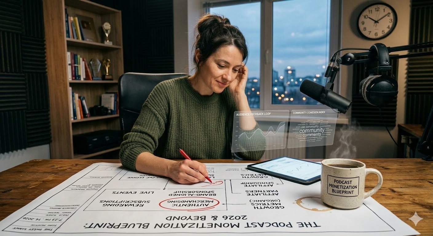 A woman, podcaster in her home recording studio, at the desk working on the monetization blueprint