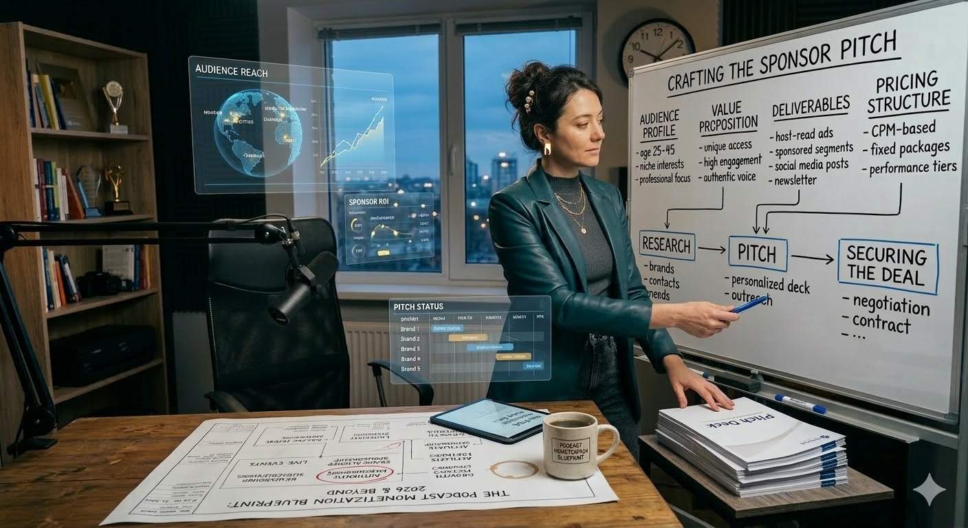 a woman, podcaster in her home recording studio near the handwritten flow chart and diagram for 'CRAFTING THE SPONSOR PITCH'