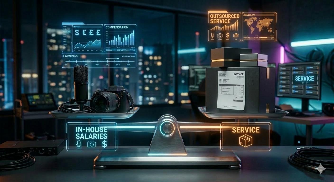 A balance scale comparing 'salaries' (microphone, camera) with 'service' (boxes, invoice) on a desk