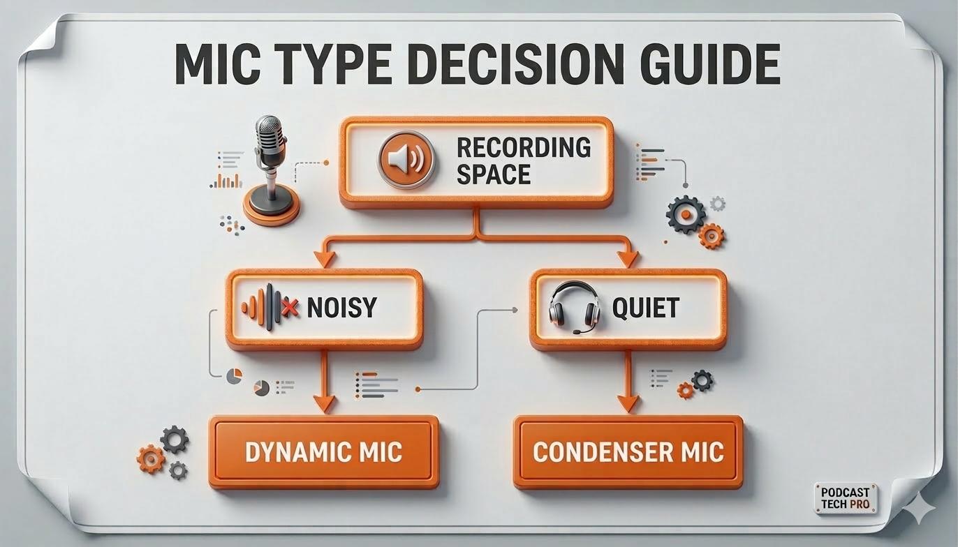 A mic type decision guide infographic recommending dynamic mics for noisy spaces and condenser mics for quiet spaces.